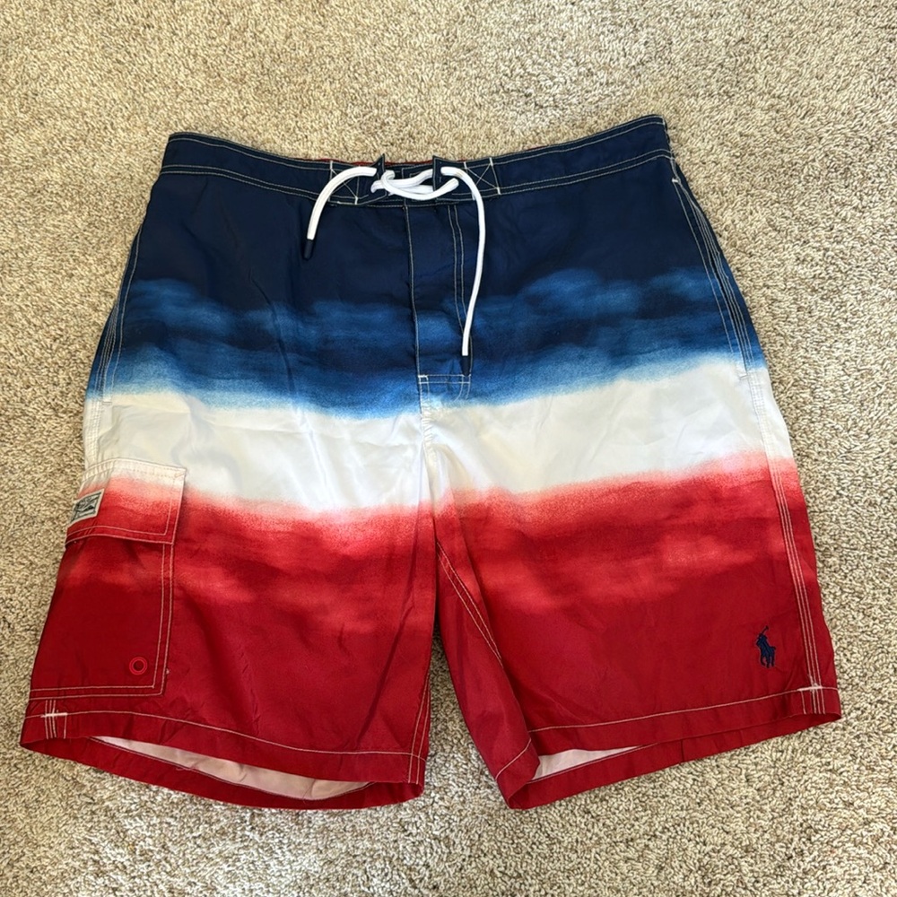 Mens Polo Ralph Lauren XL red, white and blue swim trunks.